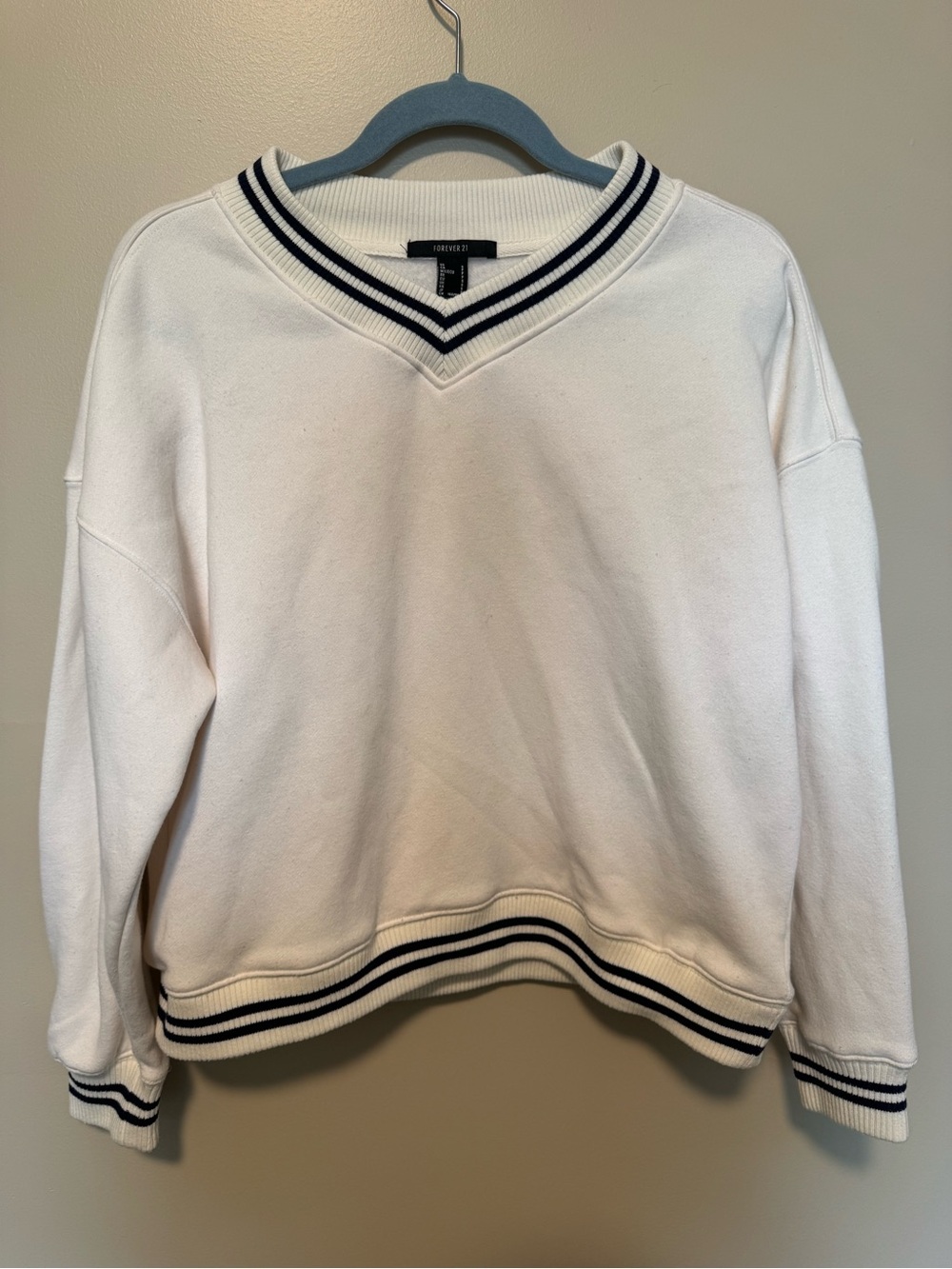 Forever 21 White V-Neck Sweater with Navy Stripe Trim